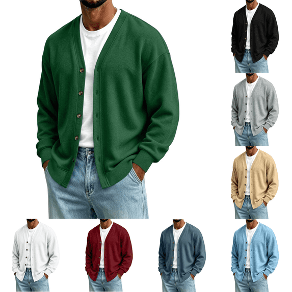 Yuanlook Men's V Neck Open Front Knit Cardigan, Long Sleeve Button Relaxed Everyday Outerwear S-XXXL