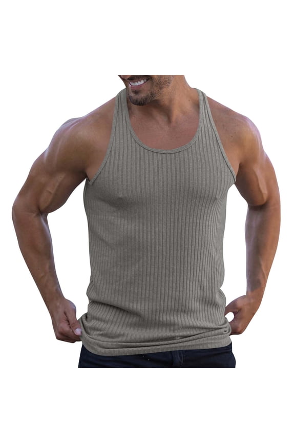 Men's Vertical Ribbed Knit U Neck Tank Top, Slim Fit Stretch Y Back Sleeveless Gym Muscle Vest M-5XL