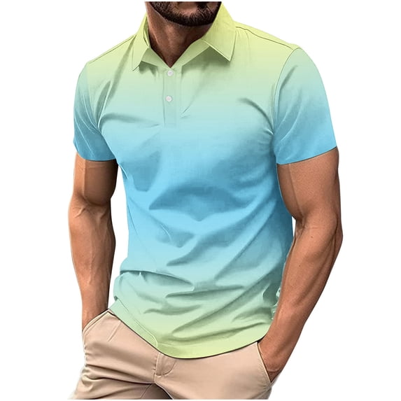 Yuanlook Men's Wrinkle Free Collared Ombre Gradient Short Sleeve Top, Streamlined Silhouette Everyday Holiday Short Sleeve Top S-XXXXL T-Shirts
