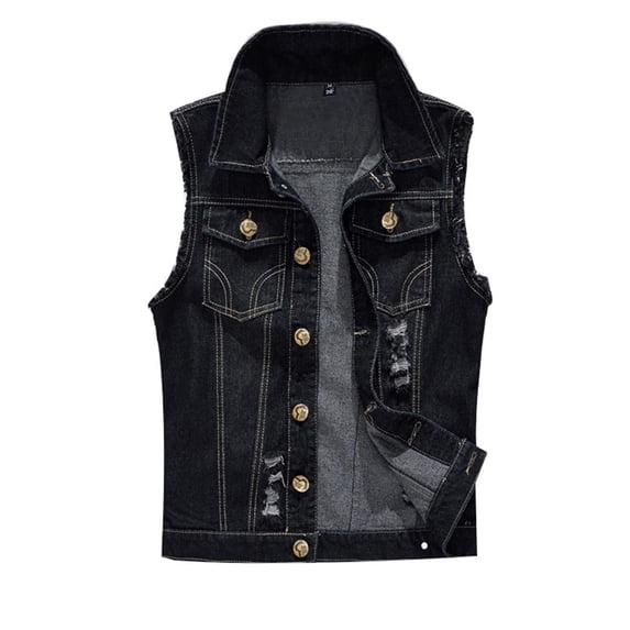Yuanlook Men's Wrinkle Resistant Washed Denim Sleeveless Waistcoat, Point Collar Multi Pocket Lightweight Layering Vest S-5XL