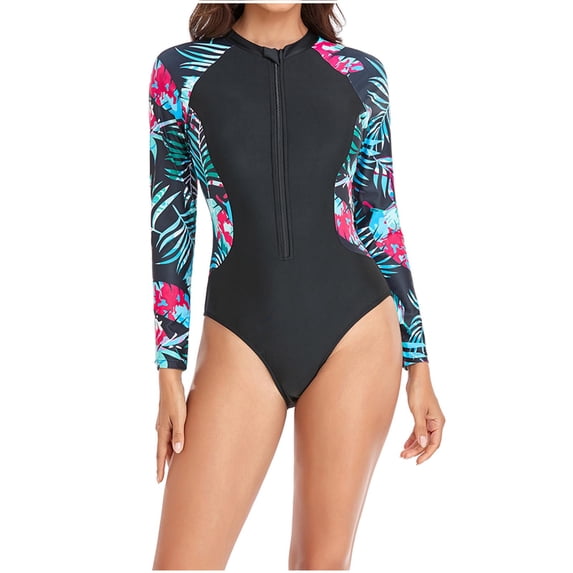 Yuanlook One Piec Rash Guard Swimsuits for Womens Long Sleeve Bathing Suit Tummy Control Printed Surfing Swimwear,Green,L