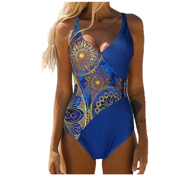 Yuanlook One Piece Bathing Suit for Women V Neck Tummy Control Swimsuits Modest Slim Fit Women Swimwear,Blue,L