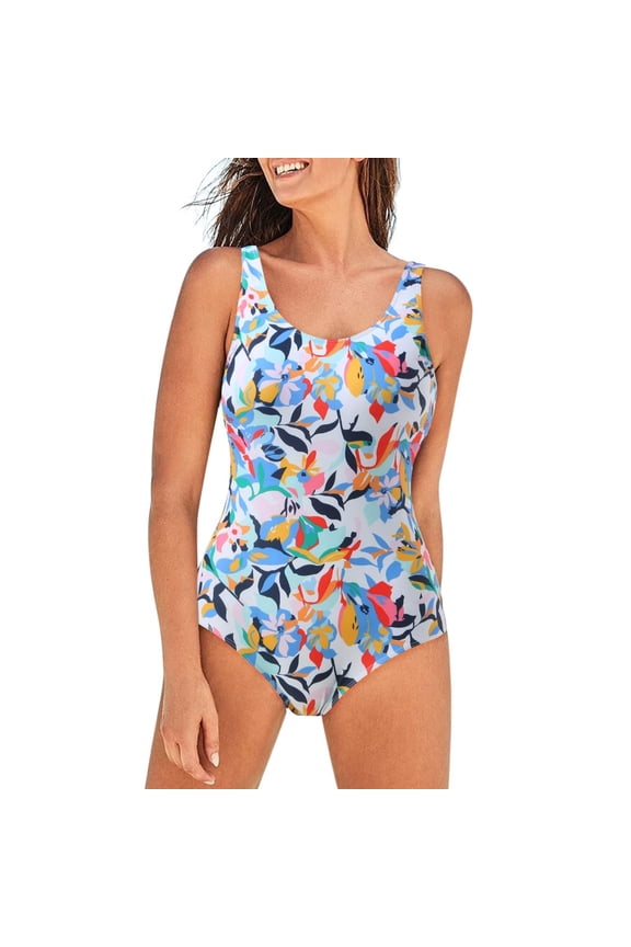 One Piece Swimsuits for Women Full Coverage Bathing Suits Printed Slim Fit Tummy Control Swimwear for Vacation,White,S