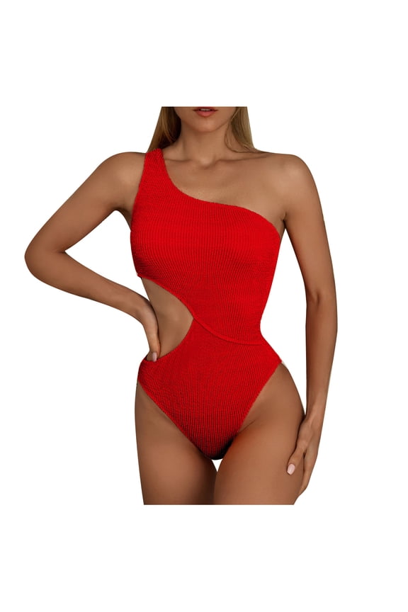 One Piece Swimsuits for Women One Shoulder Ribbed Bathing Suit Cutout Tummy Control Swimwear,Red,L