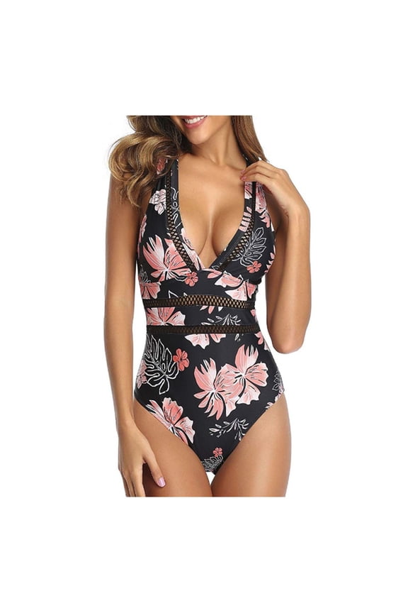 One Piece Swimsuits for Women Plunge Neck Bathing Suits Mesh Hollow Out Slim Fit Tummy Control Swimwear for Vacation,Pink,S