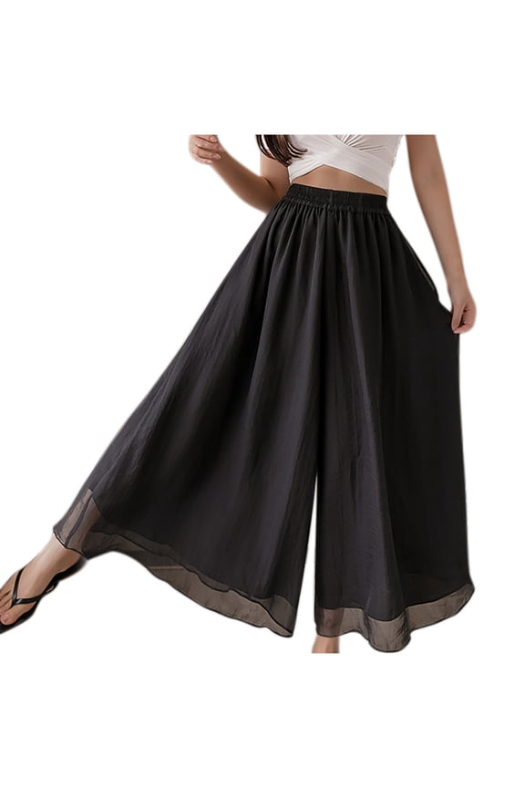 Palazzo Pants for Women,Dressy Flowy Chiffon Double Layers Wide Leg Casual Lounge Pants Trouser - Black - XXL