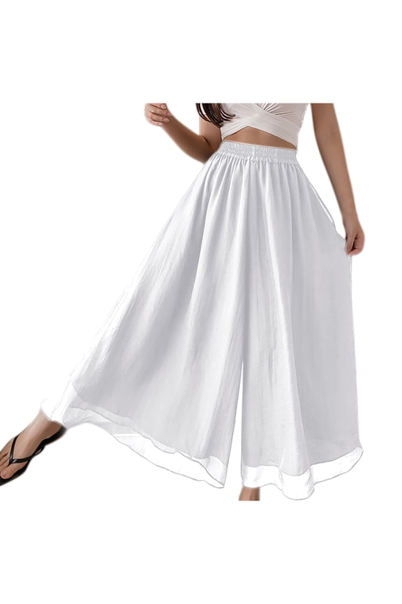 Palazzo Pants for Women,Dressy Flowy Chiffon Double Layers Wide Leg Casual Lounge Pants Trouser - White - L