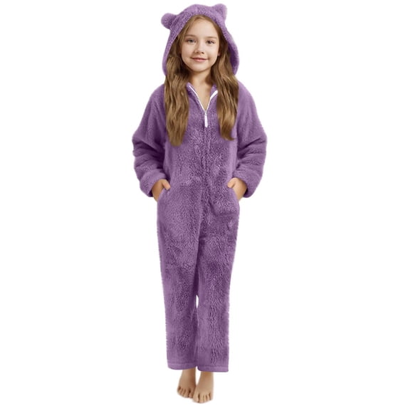 Yuanlook Pants For Kids Unisex Autumn Winter Solid Double Sided Fleece Zip Up Hooded Ears Jumpsuit With Pockets