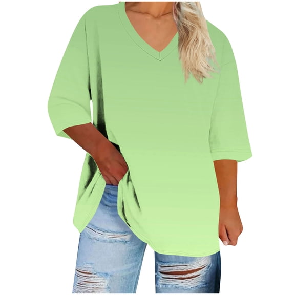 Yuanlook Plus Size V Neck T Shirts for Women Summer Half Sleeve Gradient Print Tees Casual Loose Fit Tunic Tops for Women S-5XL