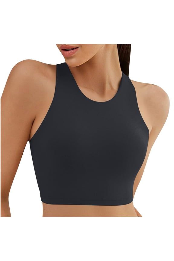 Racerback Bikini Tops for Women Padded High Neck Modest Swim Sports Bathing Bra for Summer Beach Poolside Wear Holiday - Black - L