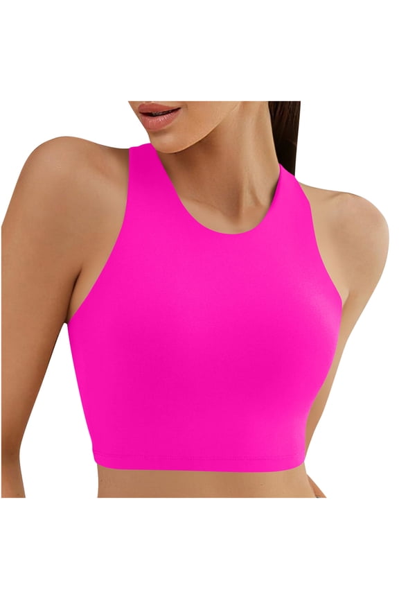 Racerback Bikini Tops for Women Padded High Neck Modest Swim Sports Bathing Bra for Summer Beach Poolside Wear Holiday - Hot Pink - S