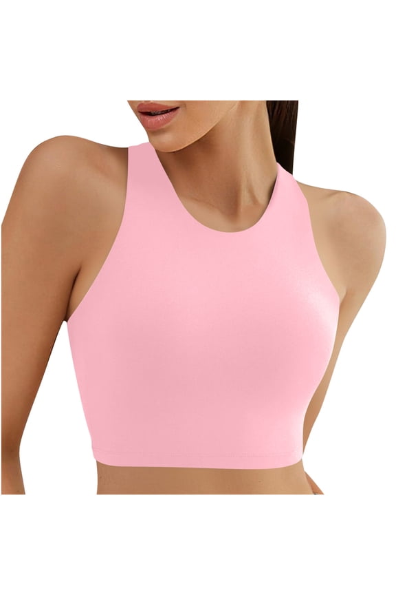 Racerback Bikini Tops for Women Padded High Neck Modest Swim Sports Bathing Bra for Summer Beach Poolside Wear Holiday - Pink - L