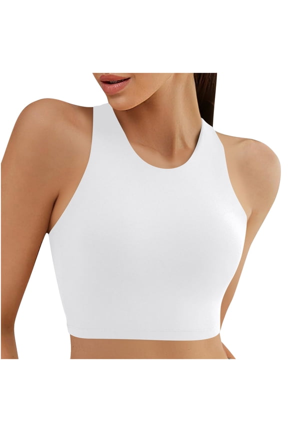 Racerback Bikini Tops for Women Padded High Neck Modest Swim Sports Bathing Bra for Summer Beach Poolside Wear Holiday - White - M