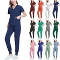 thumbnail image 1 of Yuanlook Scrubs Sets for Women 2 Piece Nurse Working Uniforms Casual Comfy Solid Short Sleeve V-Neck Scrub Tops and Elastic Waisted Pants with Pockets S-XXL, 1 of 7