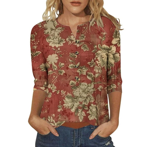 Yuanlook Shirts for Women 3/4 Length Sleeve Womens Tops Summer Dressy Casual Blouses V Neck Tee Shirts - Red - XL