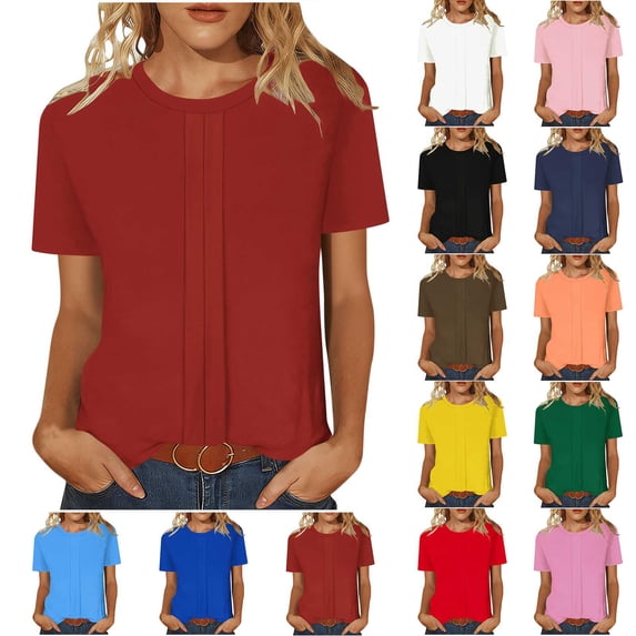 Yuanlook Short Sleeve Tunic Tops for Women Casual Crewneck Summer Pleated Tee Tops Beach Vacation T Shirts S-XXL