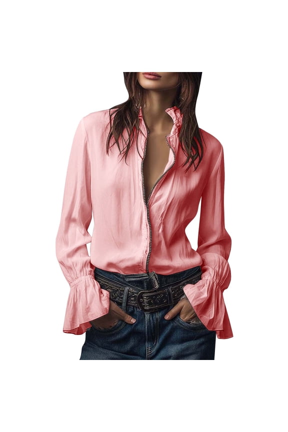 Solid Crinkle Linen Zip Front Blouse, Ruffle Frill Stand Collar Roll Cuff Long Sleeve Relaxed Daily Office Tops S-XXL
