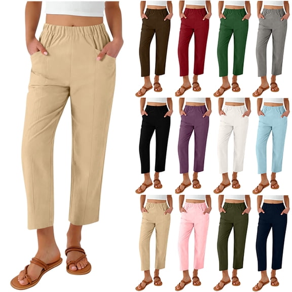 Yuanlook Straight Leg Capri Pants for Women Elastic Waisted Casual Daily Cropped Pants with Pockets S-XXL