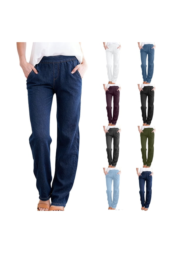 Straight Leg Jeans for Women Stretchy Pull on Sweatpants Tummy Control High Waisted Denim Pants S-3XL
