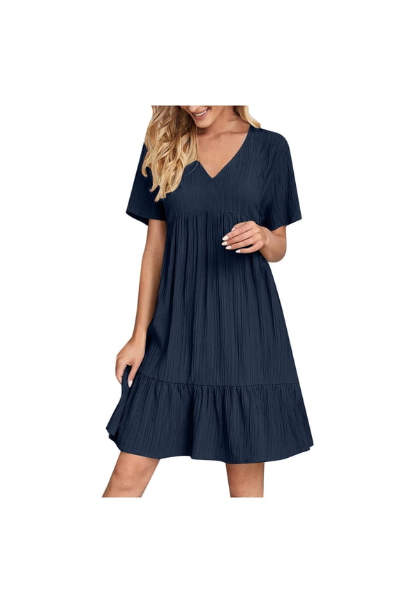 Summer Dresses for Women V-Neck Casual Short Sleeve Dress - Navy - L