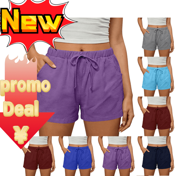 Yuanlook Summer Womens Comfy Drawstring Casual Elastic Waist Pocketed Loose Fit Shorts - Purple - XXL