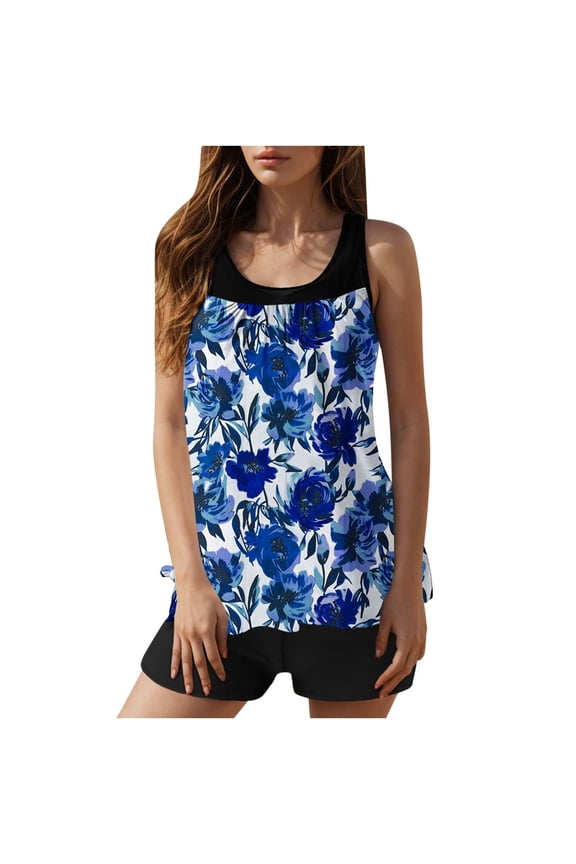 Tankini Swimwear Tummy Control Two Piece Bathing Suits Floral Flowy Summer Swimsuits - Blue - S