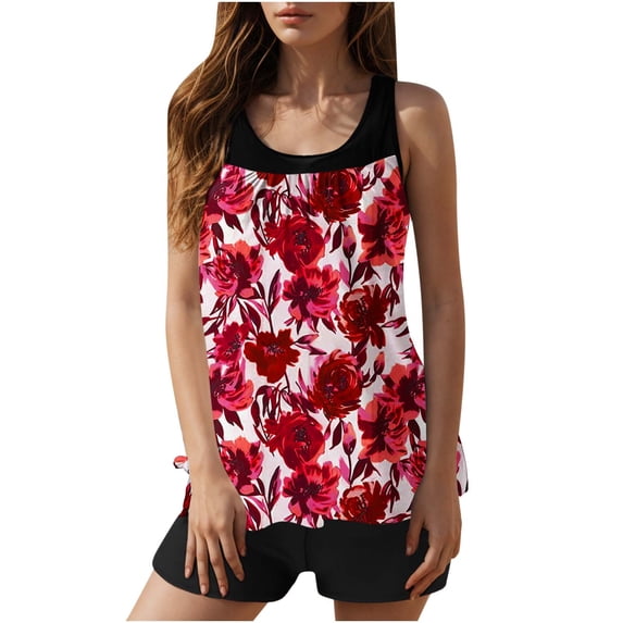Yuanlook Tankini Swimwear Tummy Control Two Piece Bathing Suits Floral Flowy Summer Swimsuits - Red - S