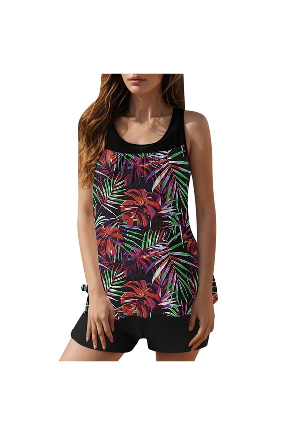 Tankini Two Piece Swimwear Tummy Control Swimsuits Plus Size Long Torso Top and High Waisted Boyshorts Floral Flowy Bathing Suits - Red - XXL