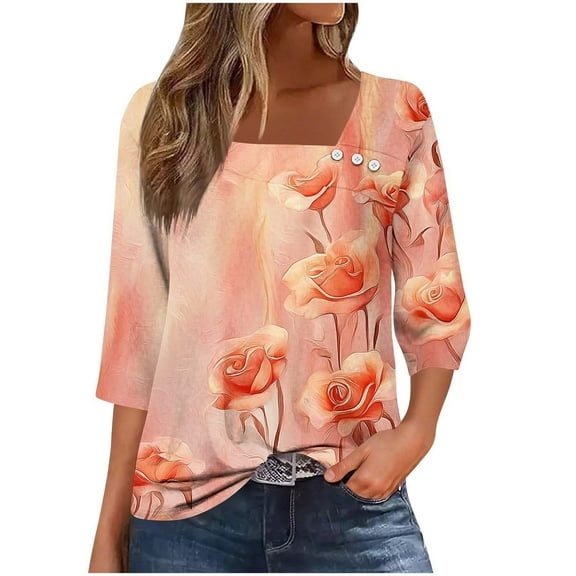 Yuanlook Tops 3/4 Length Sleeve for Women,Asymmetric Neck Blouses Tunic T-Shirts V-Neck Business Dressy Casual Tees - Orange - S