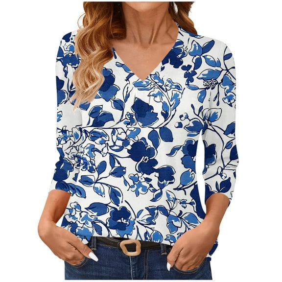 Yuanlook Tops for Women 3/4 Sleeve V Neck Cute Basics Tees Casual Fashion Summer T Shirts Business Work Tee Top - Blue - M