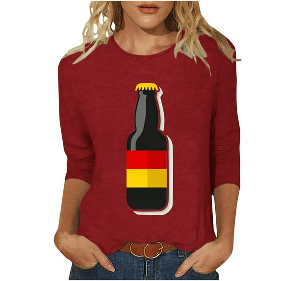 Yuanlook Tops for Women,Round Neck 3/4 Sleeve Dressy Basics Tees Casual Trendy Loose Fit T Shirts - Red - XL