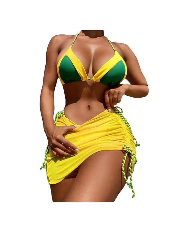 Triangle Bikini Sets for Women 3 Piece Swimsuit Halter Neck Thong Bottoms Bathing Suit with Skirts,Yellow,XL