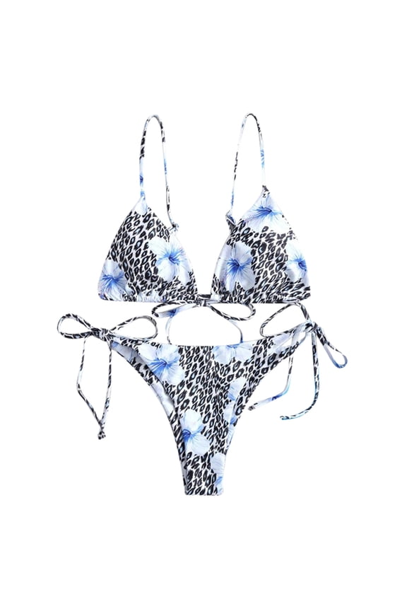 Triangle Bikini Sets for Women Spaghetti Strap Lace up V Neck Swimsuits Two Piece Bathing Suit for Beach Holiday,Blue,L