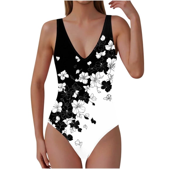 Yuanlook Tummy Control Swimsuits for Women Ruched Slimming One Piece Bathing Suit Deep V Neck Swimsuit - Multicolor - L