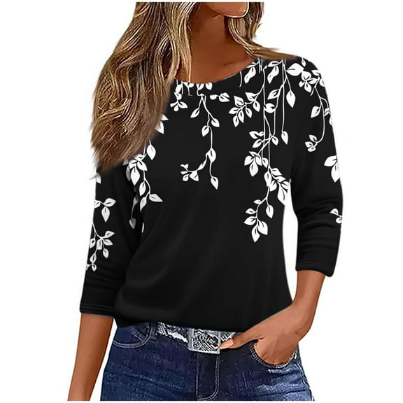 Yuanlook Tunic Tops for Women Loose Fit Dressy Round Neck Pleated 3/4 Length Sleeve Spring Tops - Black - S