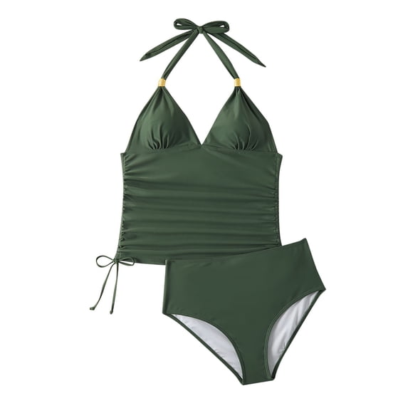 Yuanlook Two Piece Tankini Swimsuits for Women High Waisted Bathing Suits Halter Neck Swim Tank Top with Bottom,Green,L