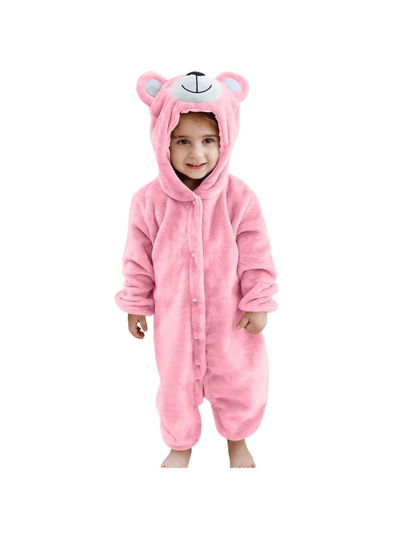 Unisex Autumn Winter Solid Double Sided Fleece Bear Ears Hooded Button Romper Jumpsuit Pants For Kids