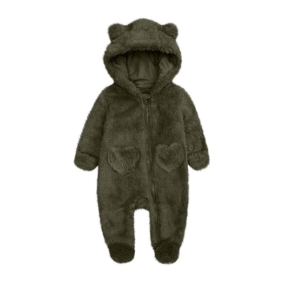 Yuanlook Unisex Fuzzy One Piece Romper Zipper Front Heart Pockets Hooded Footed Pants For Kids 0M-12M