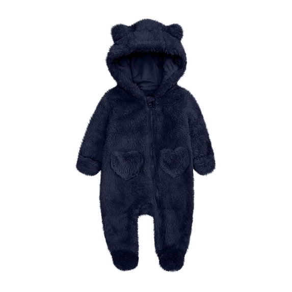 Yuanlook Unisex Fuzzy One Piece Romper Zipper Front Heart Pockets Hooded Footed Pants For Kids 0M-12M