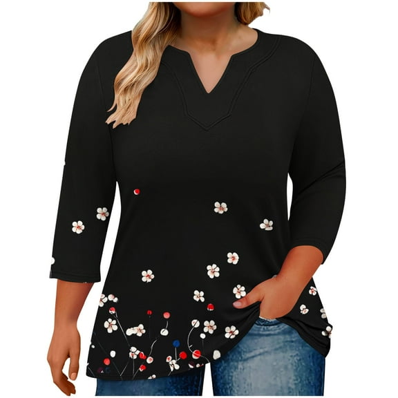 Yuanlook V Neck Tops for Womens,3/4 Length Sleeve Business Casual T-Shirts Spring Summer Blouse Work Tees - Black - L