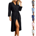 thumbnail image 1 of Yuanlook V Neck Wrap Bathrobe for Women, Waffle Knit 3/4 Sleeve Belted Robe with Side Pockets Loose Midi Home Robe M-XXL, 1 of 7