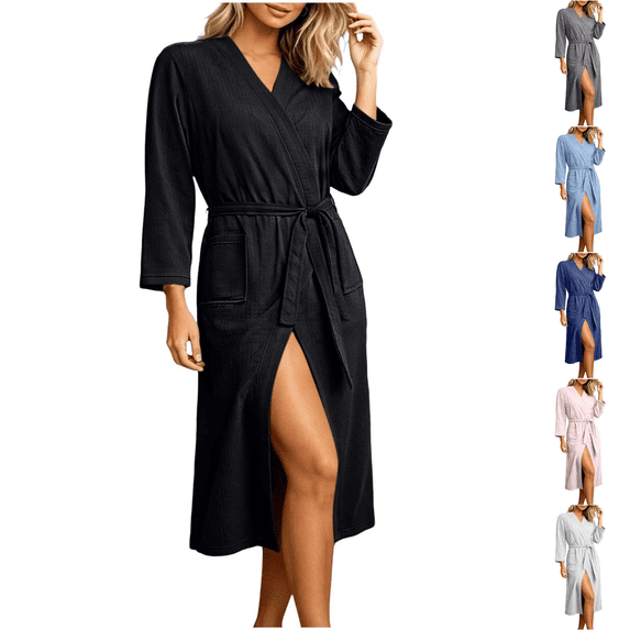 Yuanlook V Neck Wrap Bathrobe for Women, Waffle Knit 3/4 Sleeve Belted Robe with Side Pockets Loose Midi Home Robe M-XXL