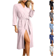 thumbnail image 1 of Yuanlook V Neck Wrap Bathrobe for Women, Waffle Knit 3/4 Sleeve Belted Robe with Side Pockets Loose Midi Home Robe M-XXL, 1 of 7