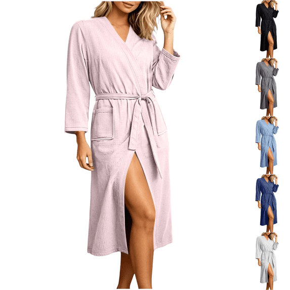 Yuanlook V Neck Wrap Bathrobe for Women, Waffle Knit 3/4 Sleeve Belted Robe with Side Pockets Loose Midi Home Robe M-XXL