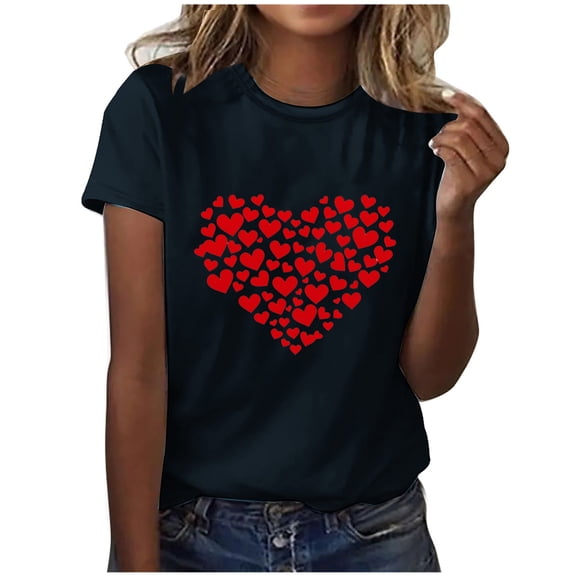 Yuanlook Valentines Day Short Sleeve Shirts for Women Love Heart Print T-Shirt Happy Valentine Day Tee Tops S-2XL