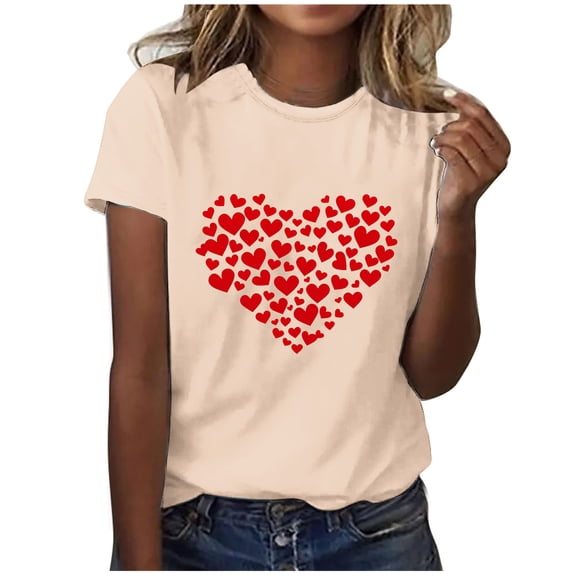 Yuanlook Valentines Day Short Sleeve Shirts for Women Love Heart Print T-Shirt Happy Valentine Day Tee Tops S-2XL