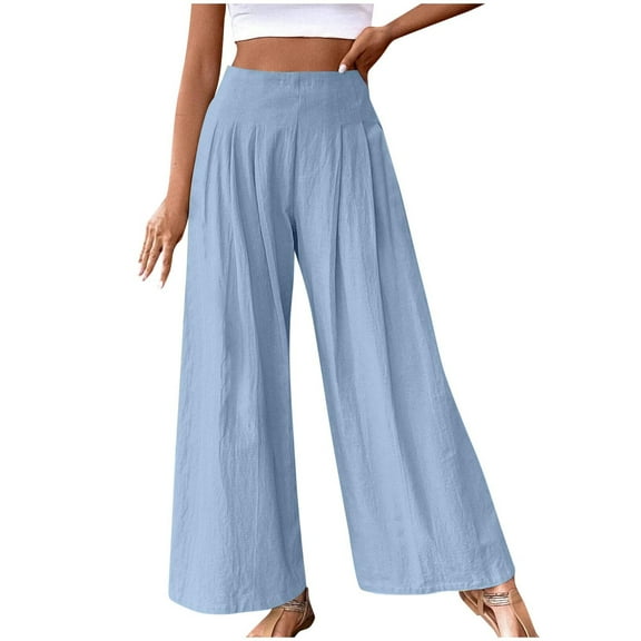 Yuanlook Wide Leg Palazzo Pants for Women,Flowy Loose Casual Trousers Comfy Solid Color Dress Pants Sweatpants - Light Blue - L