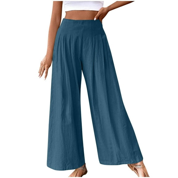 Yuanlook Wide Leg Palazzo Pants for Women,Flowy Loose Casual Trousers Comfy Solid Color Dress Pants Sweatpants - Navy - M