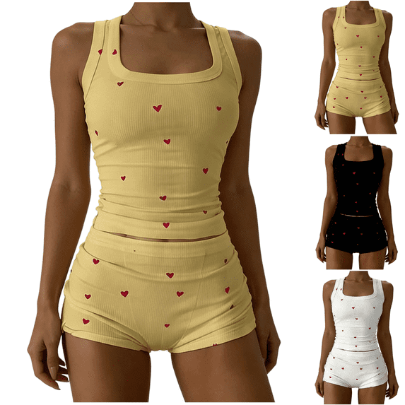 Yuanlook Women 2 Pieces Heart Print Ribbed Pajama Set, Square Neck Sleeveless Tank Top & Matching Shorts Casual Home Loungewear S-L