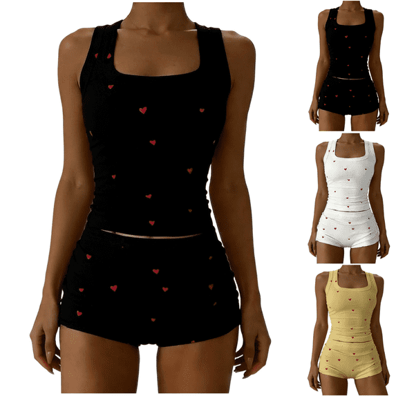 Yuanlook Women 2 Pieces Heart Print Ribbed Pajama Set, Square Neck Sleeveless Tank Top & Matching Shorts Casual Home Loungewear S-L